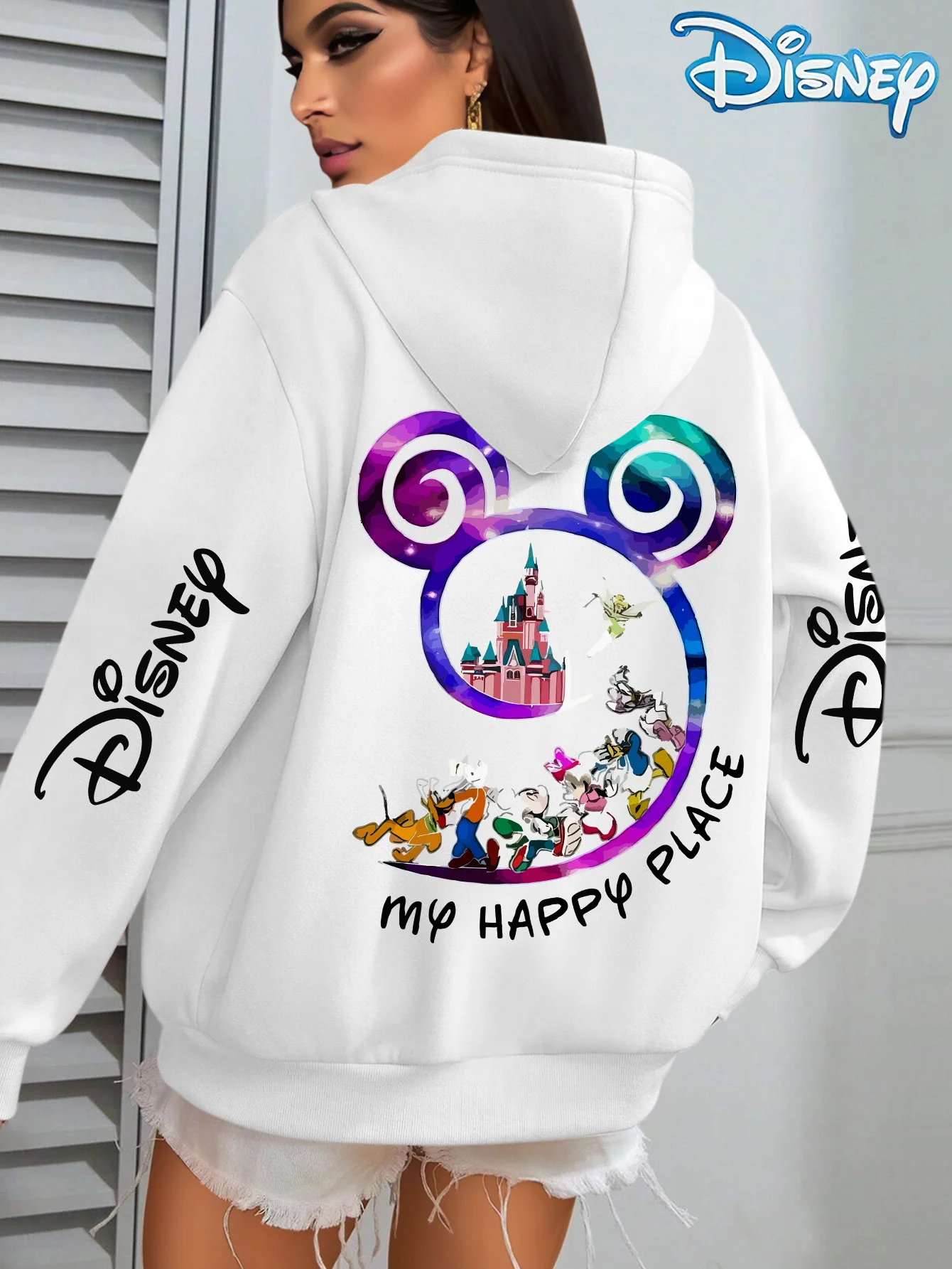 

Женская хлопковая флисовая толстовка с капюшоном Disney, белый замок с Микки Маусом и классическим персонажем, групповым принтом на спине, карман-кенгуру, свободный крой ​
