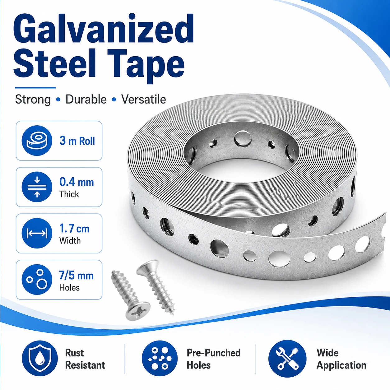 1-2Roll 3meter Galvanized Perforated Metal Tape,Pre-Punched Steel Hanger Strap Multi-Slot Fixing Band for Pipe Support Suspensio