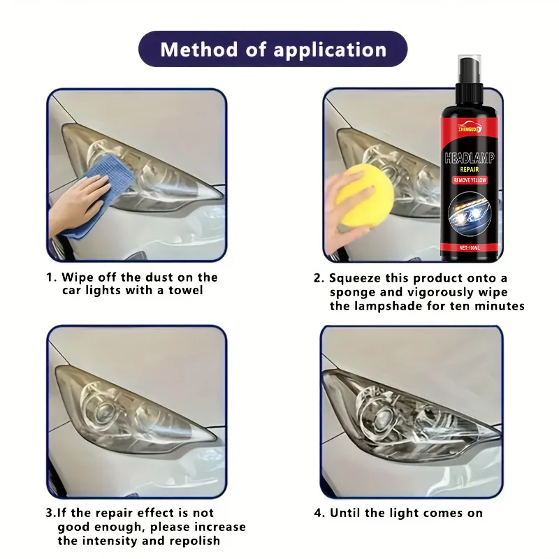 بخاخ إصلاح المصابيح الأمامية 100 مل، طقم إصلاح المصابيح الأمامية المبتكرة للسيارة، يحل مشكلة الأكسدة والإصفرار، ويعيد تألق المصابيح الأمامية