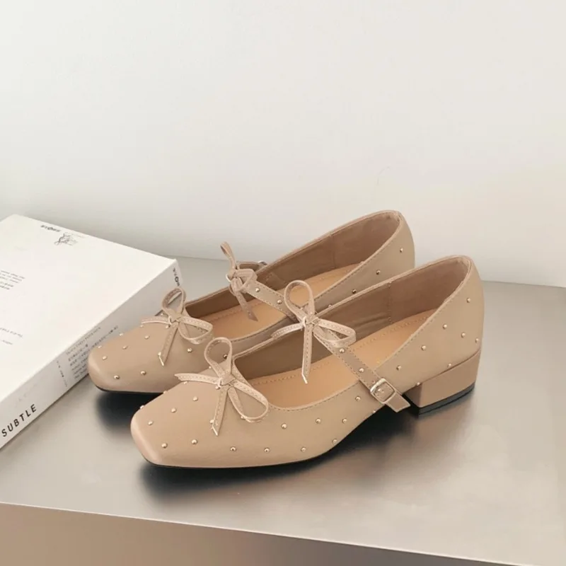 

Women's Mary Jane Shoes Exquisite Rivet Square Head Low Heels for Woman Elegant French Casual Shoes Designer Shoes Zapatos Mujer