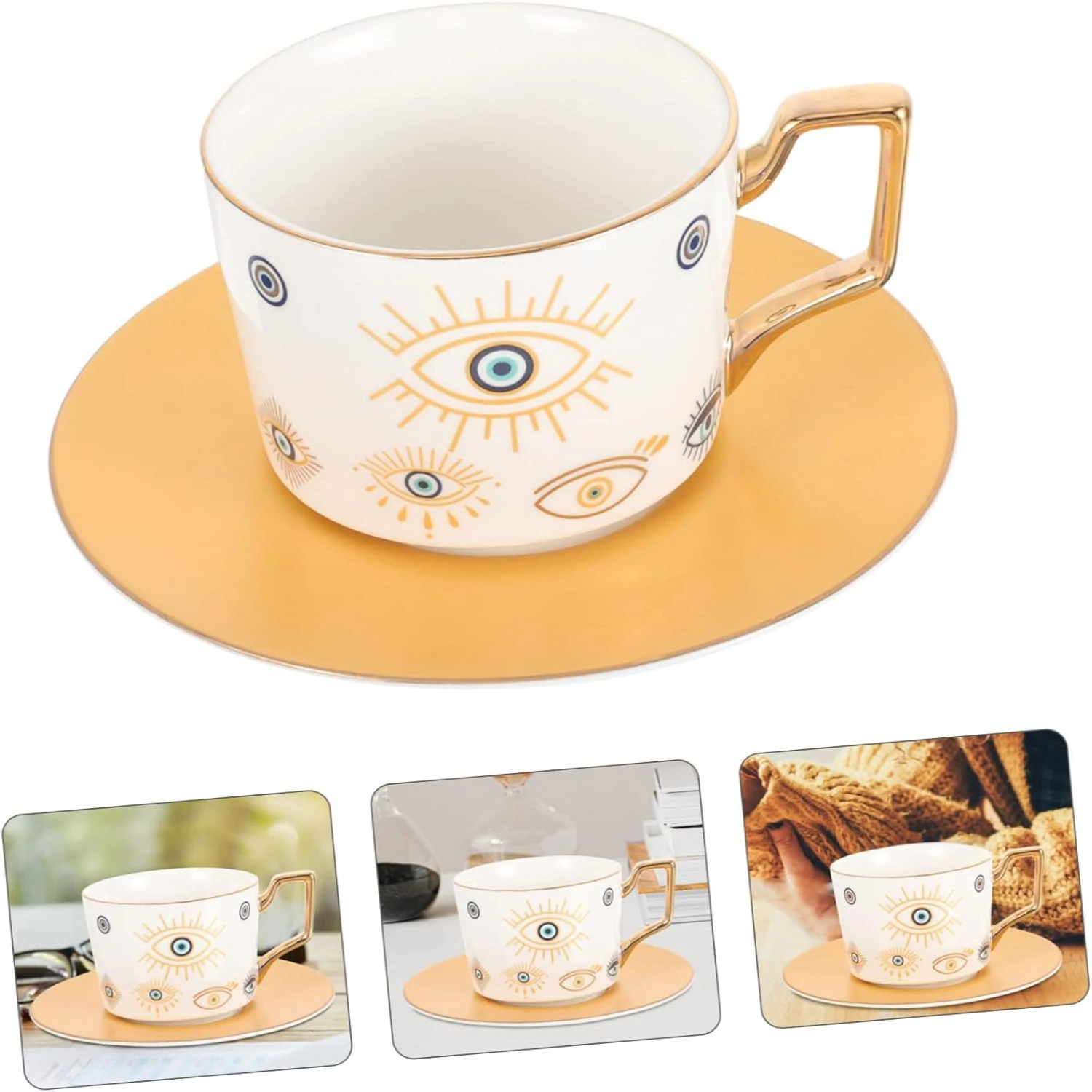 Elegant Vintage European Style Ceramics - Perfect Set of 2 Devil's Eye Coffee, Tea, Cappuccino, and Juice Cup Mugs with Saucers