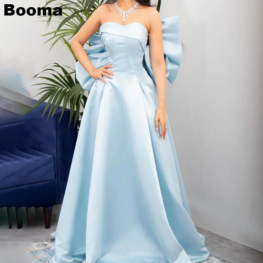 

Booma Light Blue A-Line Evening Dresses Sweetheart Sleeveless Lace Up Prom Gowns Saudi Arabic Formal Party Dress with Big Bow