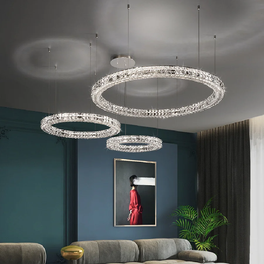 

Living Room Luxury Modern 3-Sides Crystal Led Dimmable Chandelier Lustre Chrome Steel Clear K9 Crystal Chandelier Lighting Lamp