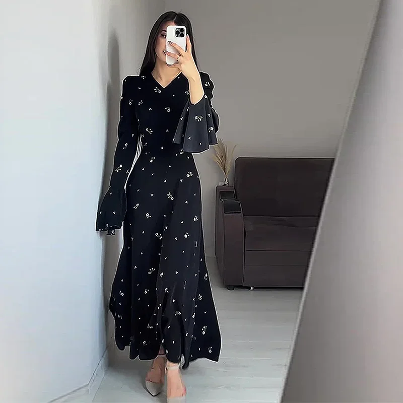 Dubai Arab Long Dress Women 2024 Autumn New Fashion Style Long Sleeve Slim Fit Ruffle Dress Long Dress Stand Collar Clothing