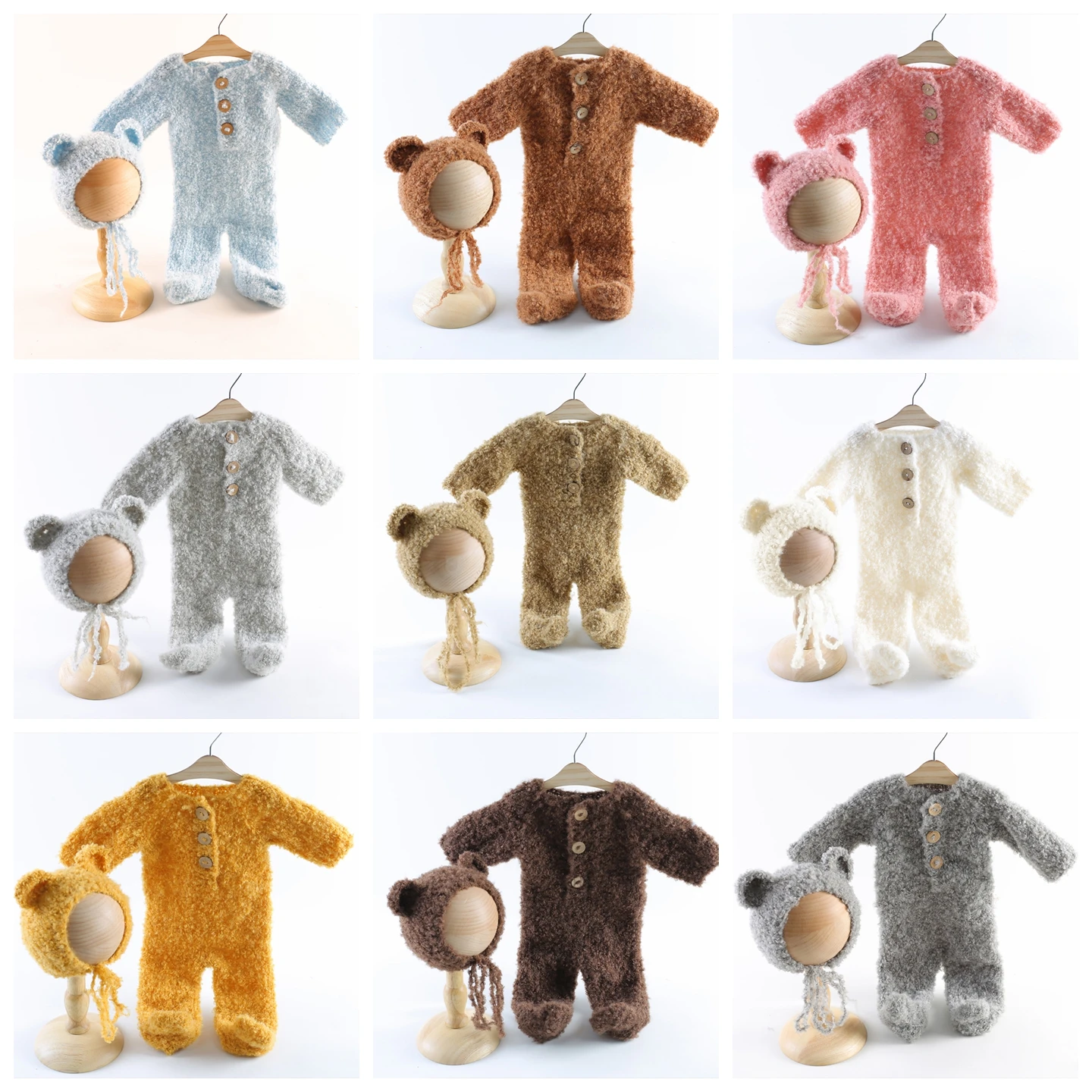 Newborn Photography Clothing Handmade Cute Bear Knitted Outfit with Hat 2pcs Set Clothes for Studio Photoshoot Accessories