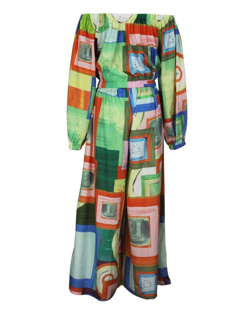 Printed Casual Two Piece Set Women 2025 Summer New Fashion Elegant One Line Neck Tops And High Waist Wide Leg Pant 2 Piece Sets