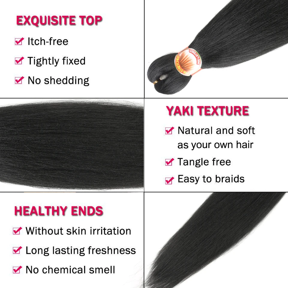 Cabello para Trenzas Pre Estirado 26 Pulgadas 3 Paquetes Yaki para Trenzas Ajuste con Agua Caliente Sintético Crochet Extensiones de Cabello 3