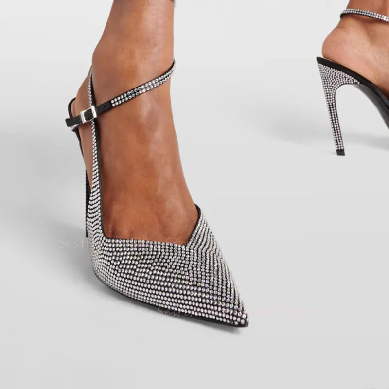 

Pointed Toe Rhinestone Sandals Ankle Buckle Cross-Straps Stiletto Heels Shiny Party Dress Summer Pumps Sexy Lady Casual Shoes