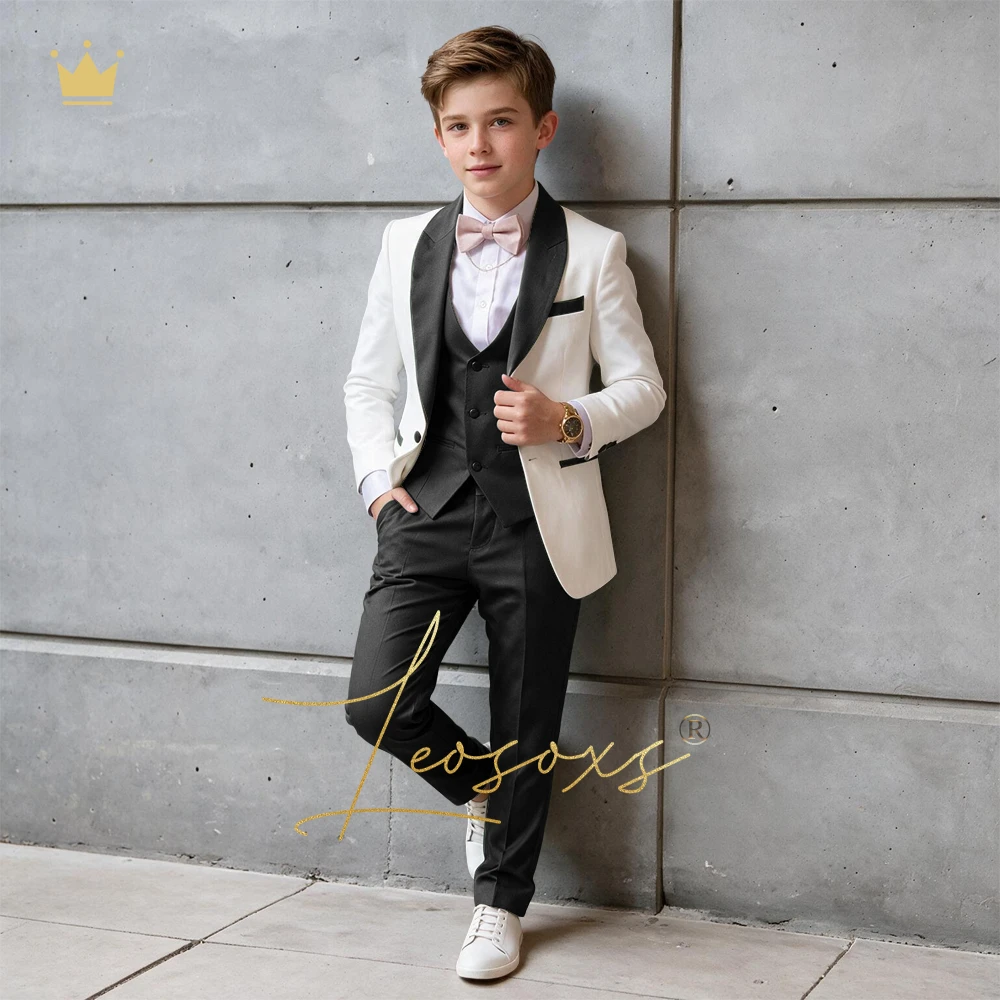 Kids Luxury Custom 3-Piece Tuxedo Set with Contrast Trim Slim Fit Gentleman Style Birthday Party Performance Outfit