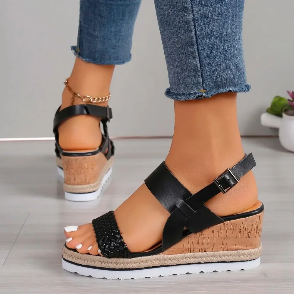 Women Wedge Sandals 2024 Summer New Bohemia Style High Heels Fashion Open Toe Rhinestones Elastic Strap Outdoor Dressy Sandals