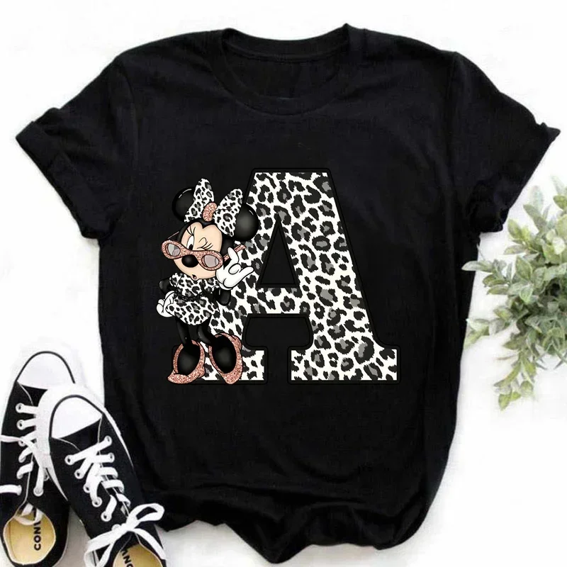 Minnie Mouse Disney A-Z 26 English Letters Children T-shirts Casual Harajuku Print O-neck Short Sleeve Summer Girl Tee Shirt