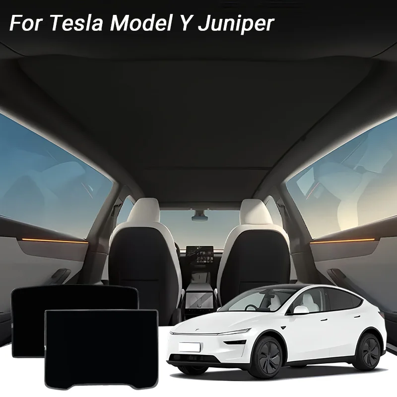 2Pcs Tesla Model Y Sunshade, Non-Collapsible Seamless Heat-Insulating Sun Protection Roof Sunshade, Foldable Car Interior Accessory, Compatible with 2025 2026 Model Y Junipe