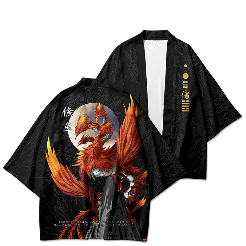 Ponadgabarytowe plażowe japońskie Anime nadruk z ptakiem Kimono 2022 Streetwear mężczyźni kobiety sweter Haori Harajuku szata Plus rozmiar 4XL 5XL