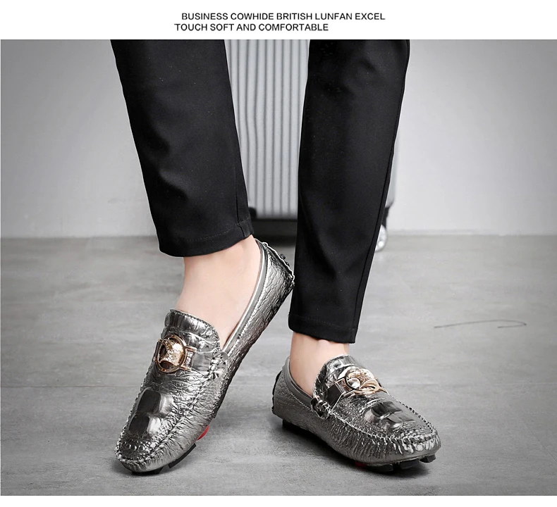 Herren-Slipper mit Krokodilmuster, Frühling/Sommer 2025, Britischer Stil, Glänzendes Leder, Lässige Loafer, Handgefertigt – Detail 24