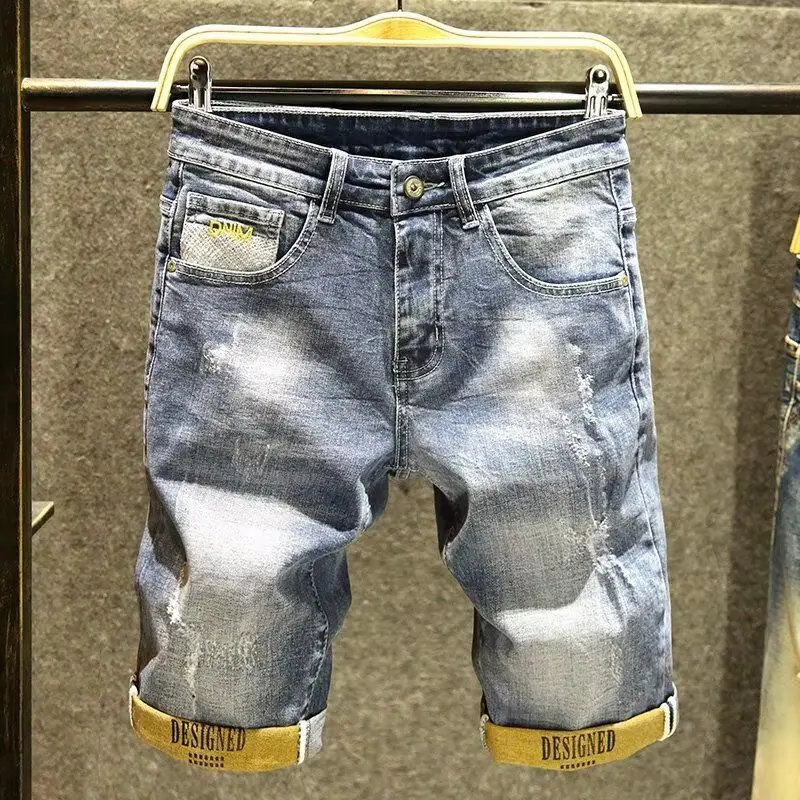 Fashion Summer Thin Blue Denim Shorts Men's Trendy Slim Short Brand Cropped Pants Luxury Clothing Classic Trousers Ripped Jeans