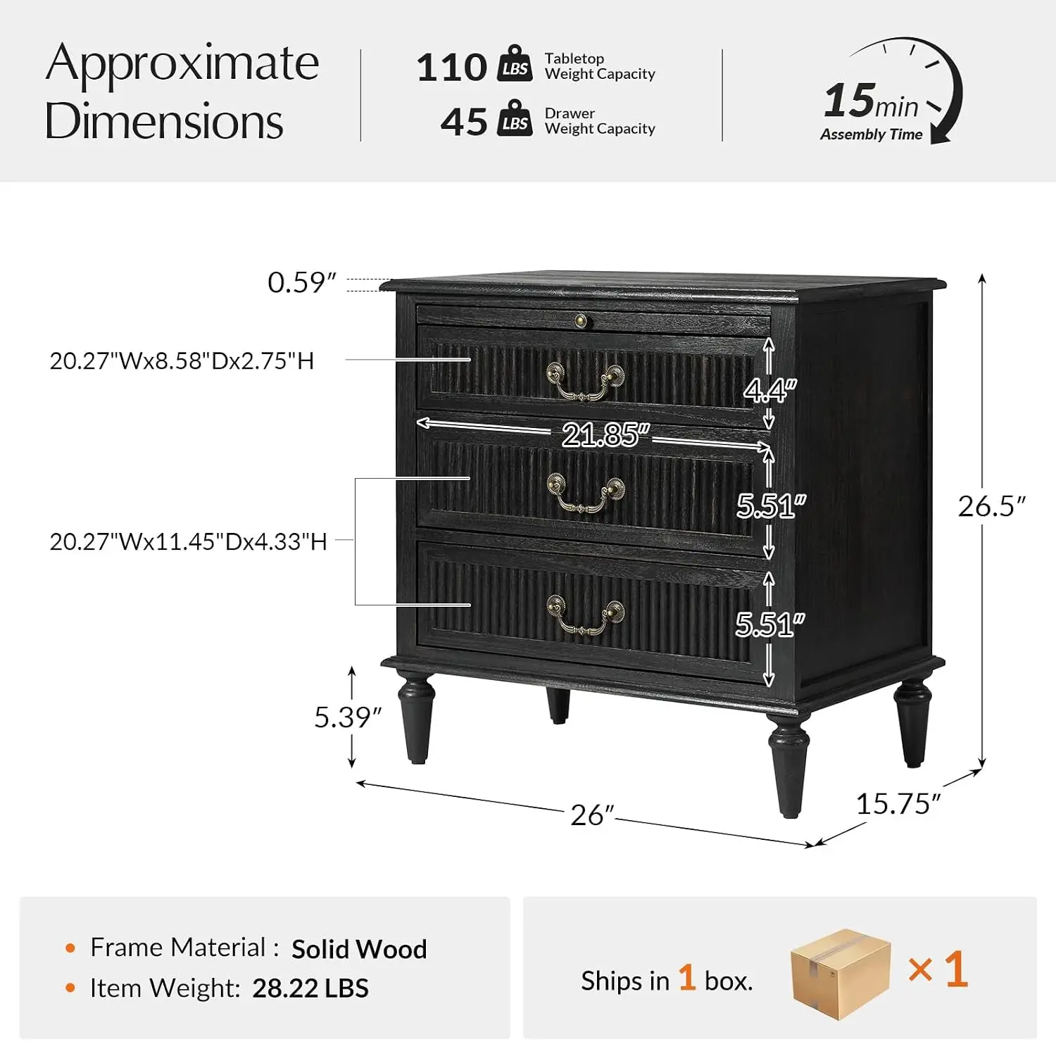 Fluted End Table with Pull-Out Shelf & 2 Drawers, Solid Wood Legs Side Table with Charging Station, Customized