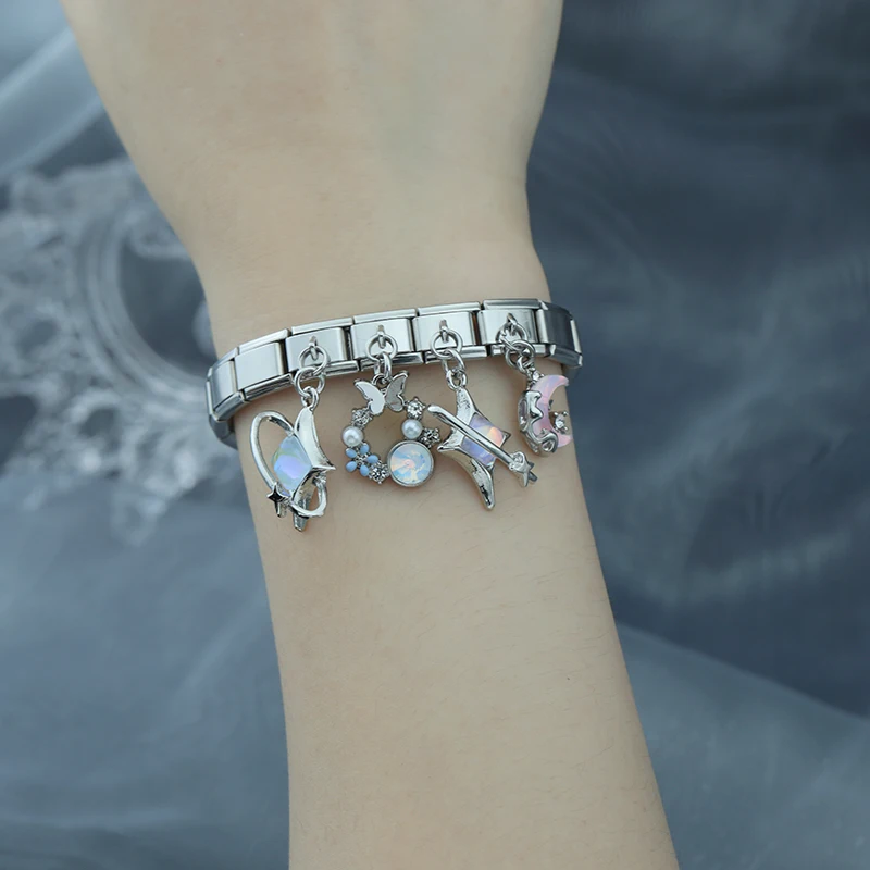 Hapiship 2024 Women Fashion Moon Star Heart Shiny CZ Charms Italian Link Fit 9mm Bracelet Stainless Steel Making Jewelry DJ1215