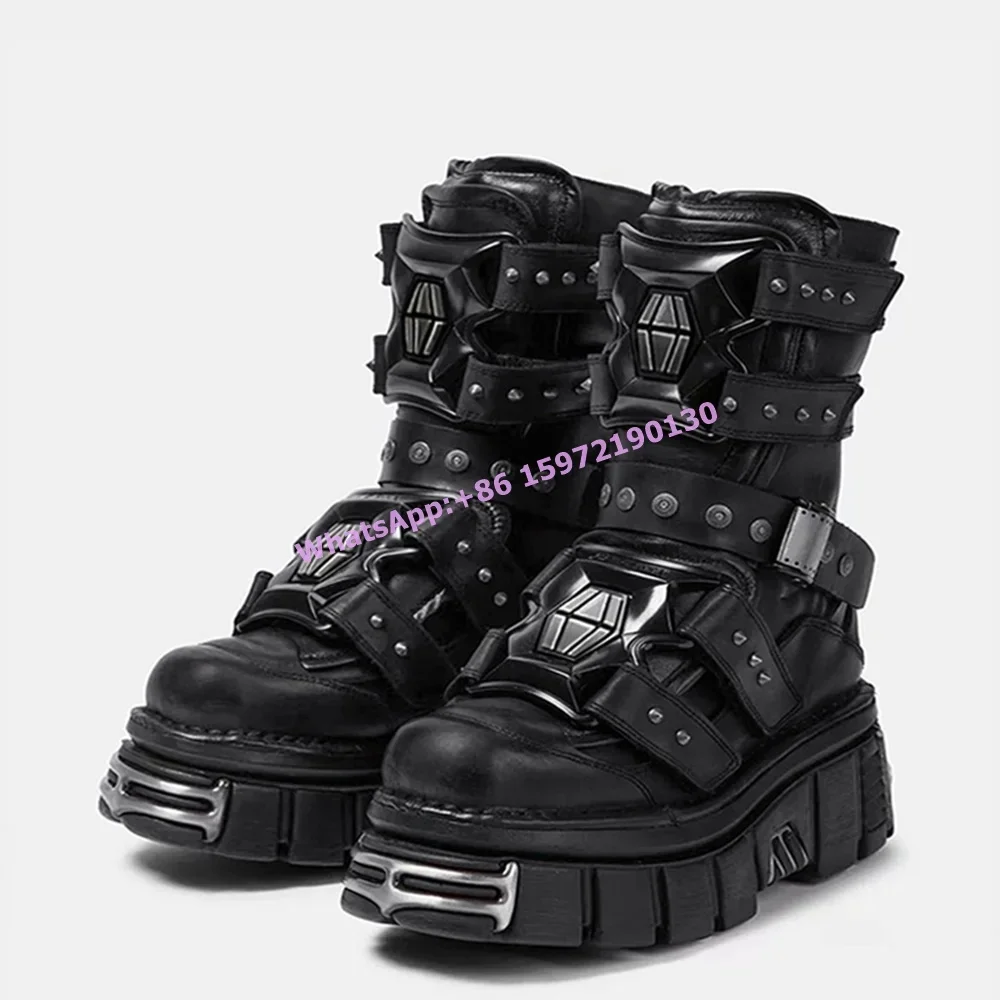 

Rivet Multi Buckle Black Boots Thick Soled Platform Fashion Couples Dark Style Punk Shoes Round Toe Cool Gothic Winter Y2K Shoes