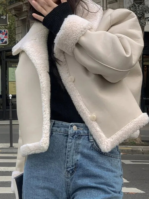 

Winter Chic Double-Sided Wear Lamb Fur Leather Jaet Women's Vintage Collar All-Match Thiened ort Coat Korean Sle