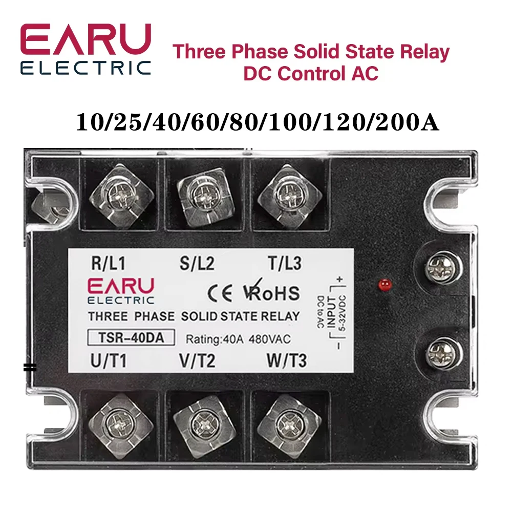 EARU Three Phase Solid State Relay Module SSR TSR-40DA 40A 60A 80A 100A 200A DC Control AC 5-32VDC to 24-480VAC Heat Sink