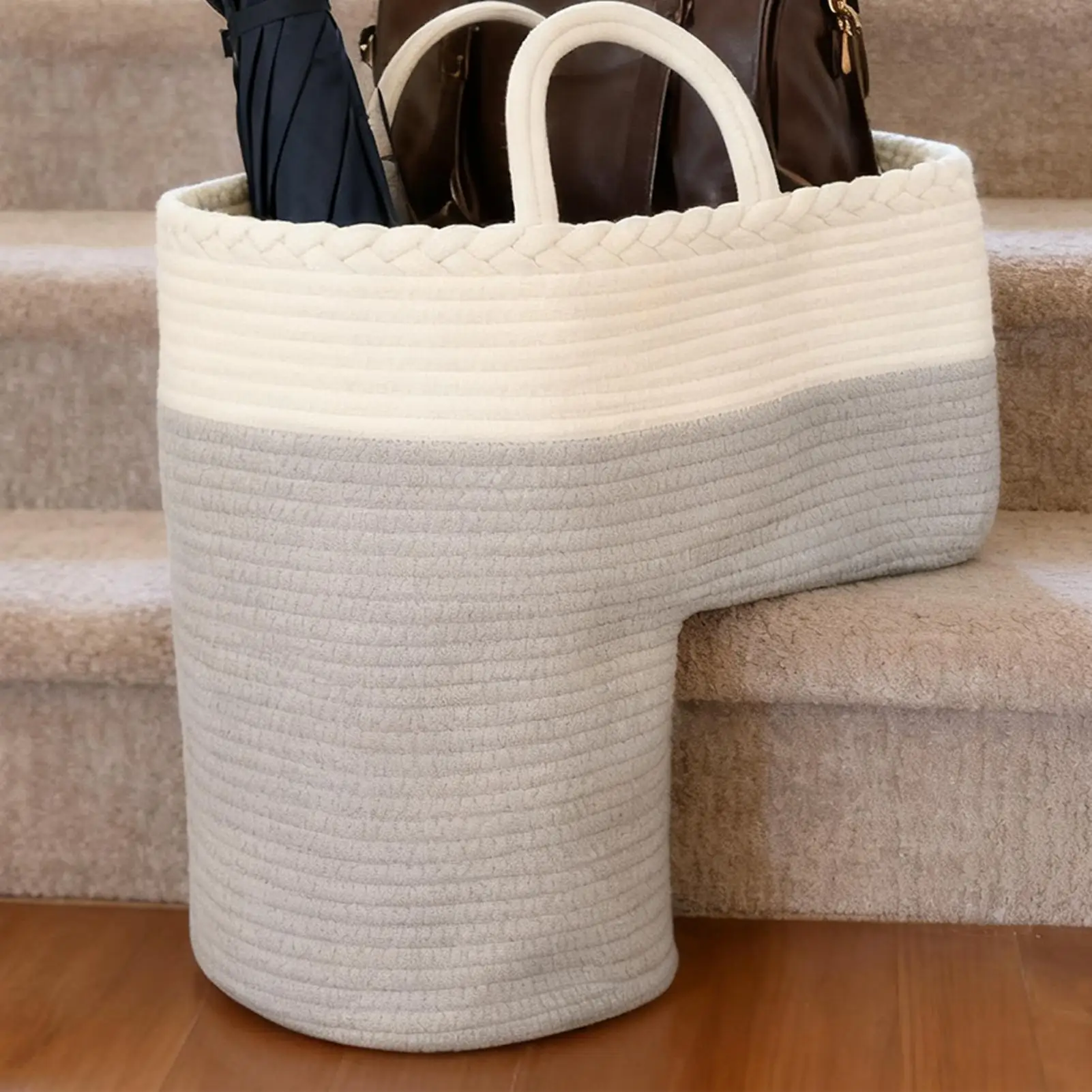 Stair Basket Portable Cotton Rope Handle Heavy Duty Fabric Carpeted Wooden Staircase Storage Organizer Container Holder Basket