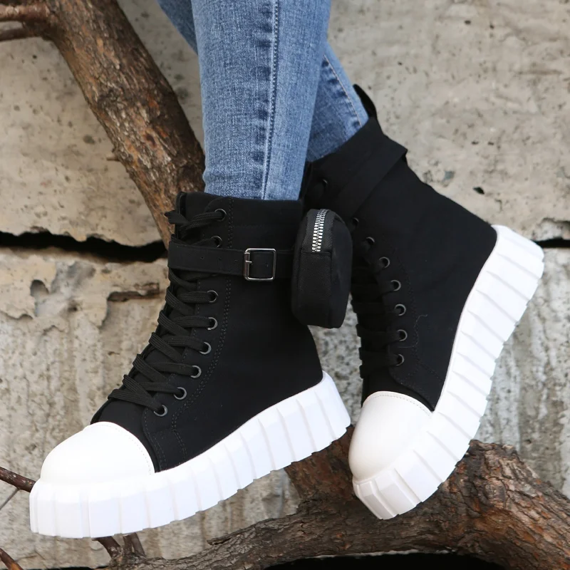 High-top Pocket Boots Women Winter Shoes New White Female Canvas Shoes Autumn Platform Martern Boots Casual Plush Ankle Booties