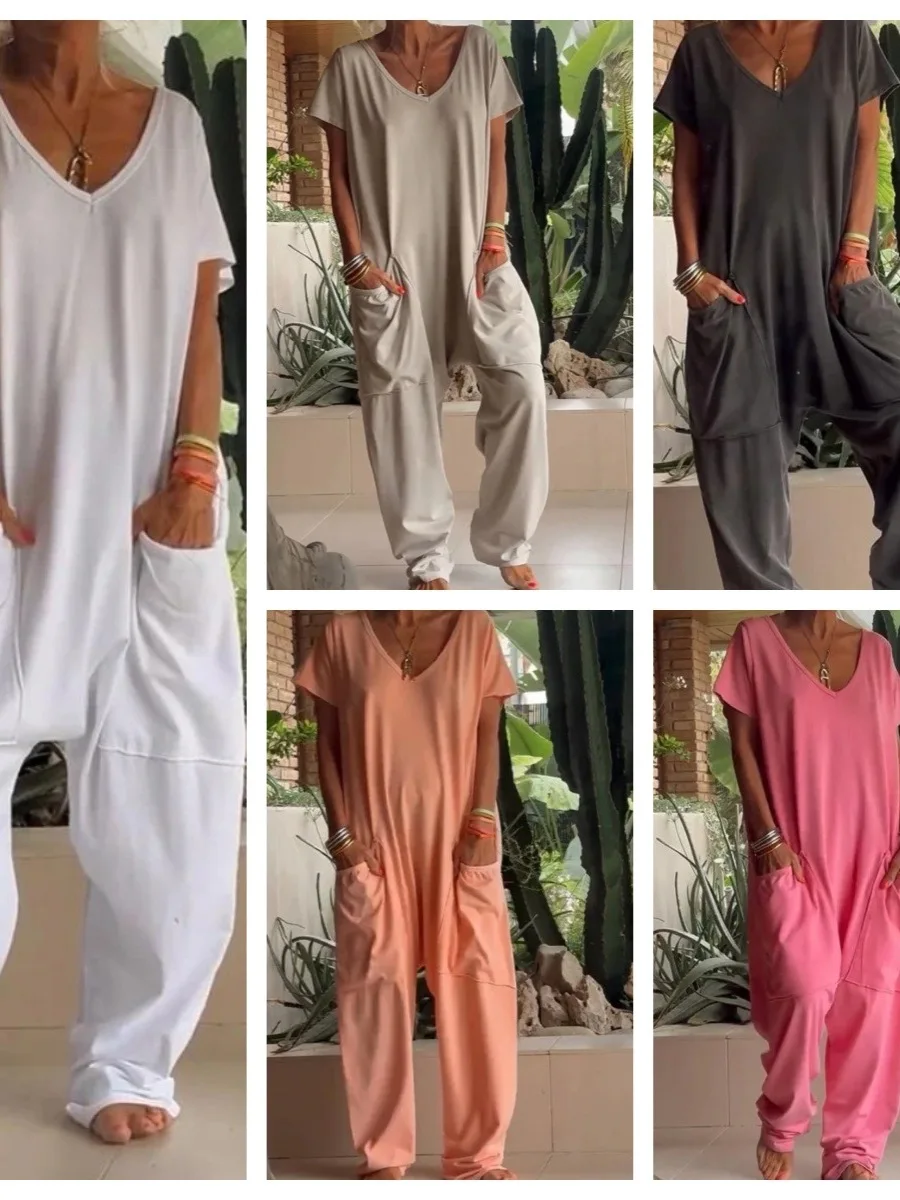 

V-ne Large ket Low-end Jumpsuit Color Street Sle High Waist Long Pants Polyester Straight Leg Summer 2024