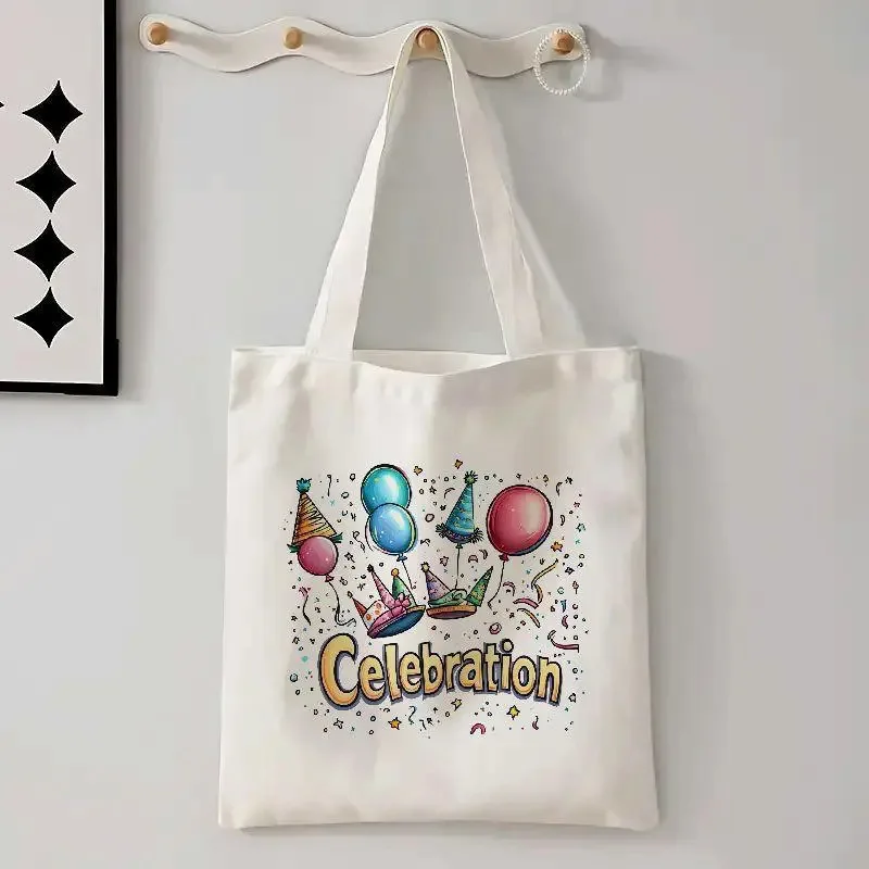 

Letter Print Canvas Women Shoulder Bag Colorful Balloons Party Print Tote Bag Reusable Eco-friendly Birthday Party Gift Bag