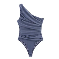 Summer Asymmetric Sleeveless Pleated Silk Mesh Bodysuit Women Single Shoulder Slim Fit Jumpsuit Female Beach Holidays Wear 2026 - Image 6