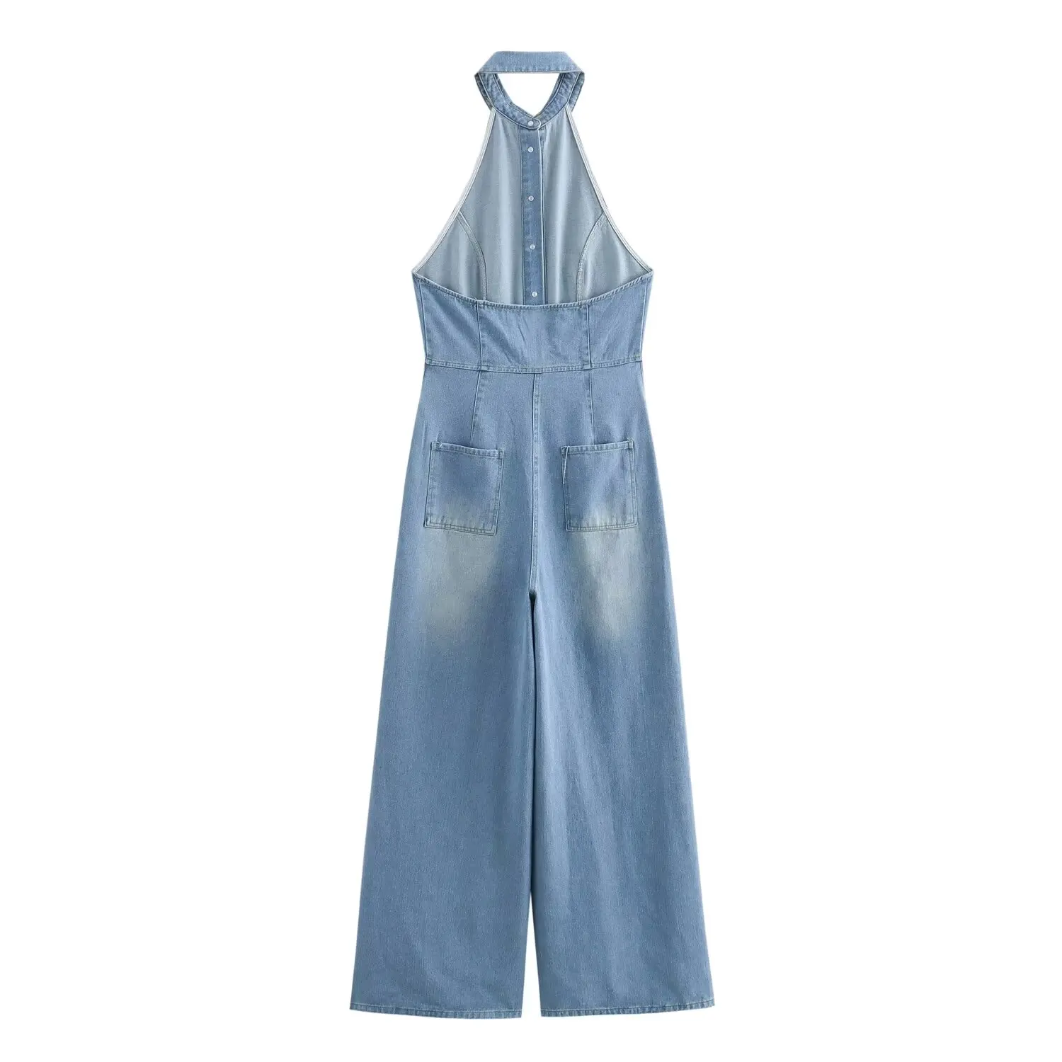 Dave&Di French Minimalist Halter Sexy Backless Denim Jumpsuit Women Straight Long Pants Rompers Womens