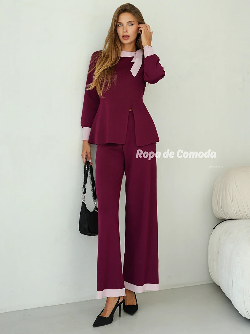 Elegant Bandage Winter Women Knitted Suit Casual 2 Piece Pants Top Matching Set Sexy Slit Knitted Two Piece Set For Women 2024