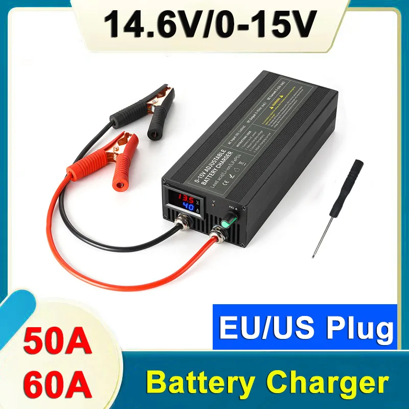 0-15V 0-60A Adjustable Battery Charge with Clip Fixed 14.6V 0-50A Lifepo4 Charger Car Fast Charge Lithium Battery Charger