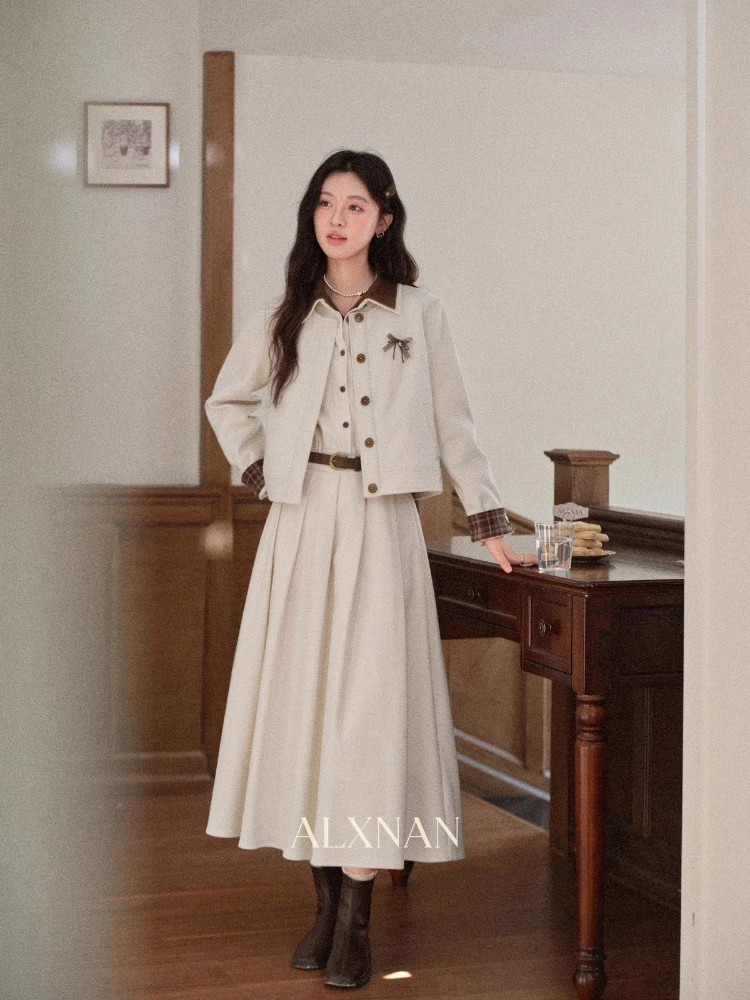 ALXNAN Shirt Dress Buttons Autumn Winter Patchwork Belt Woman Long Sleeve Dress Elegant Official Commuter Ladies Clothing L58127