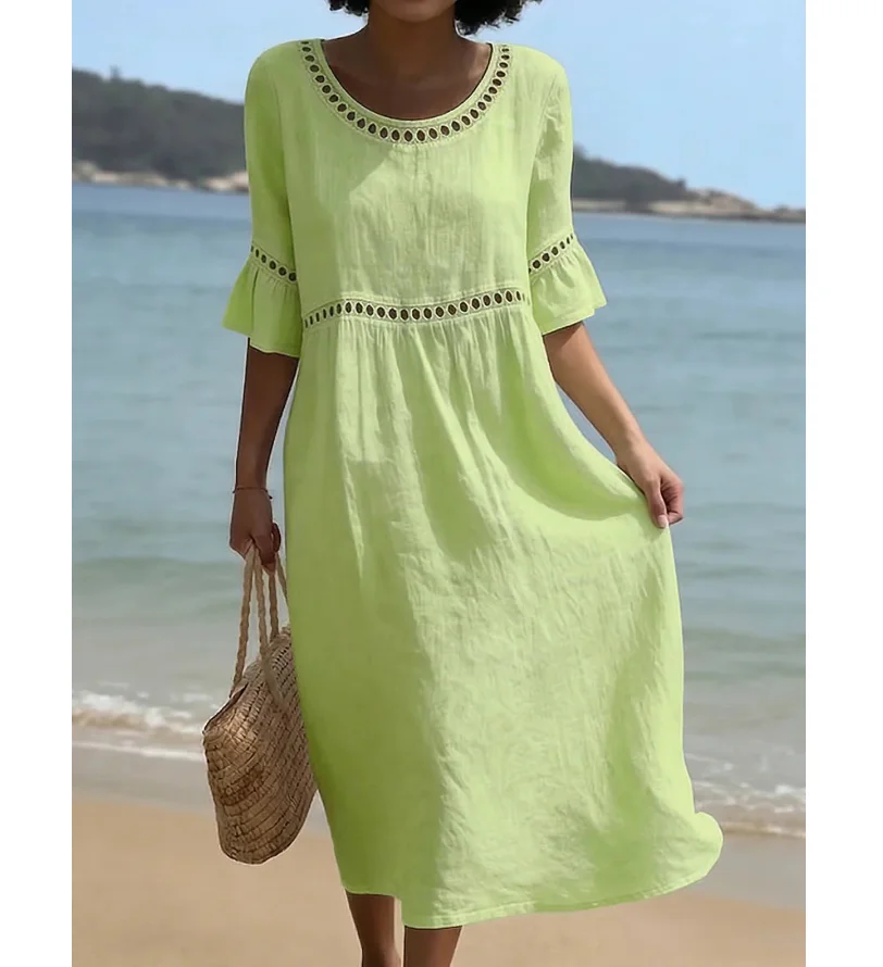 Hollow-out Solid Cotton Linen A-Line Dress Woman O Neck High Waist Loose Dresses Summer Flare Sleeve Beach Vacation Dress