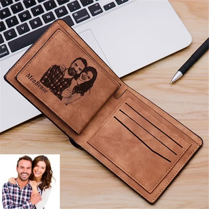 Engraved Photo Purse High Quality Vintage Slim Wallet Personalized Men's Short PU Leather Wallet Father's Day Dad Christmas Gift