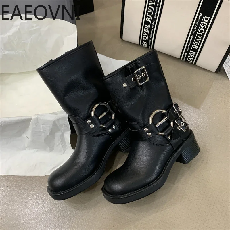 2024 Winter Short Boots For Women Fashion Belt Buckle Biker Boots Female Elegant Square Heel Women\'s Knight Bootties