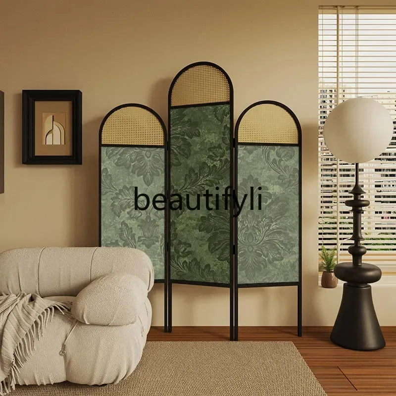 French medieval green leaf screen home partition living room porch cover dining room bedroom solid wood rattan folding screen H