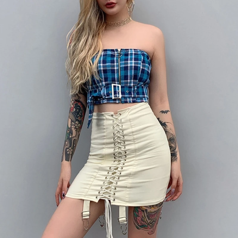 

Women High Waist Crisscross Lace-Up Front Bodycon Mini Pencil Skirt with Garter Belt Harajuku Package Hip Party Clubwear