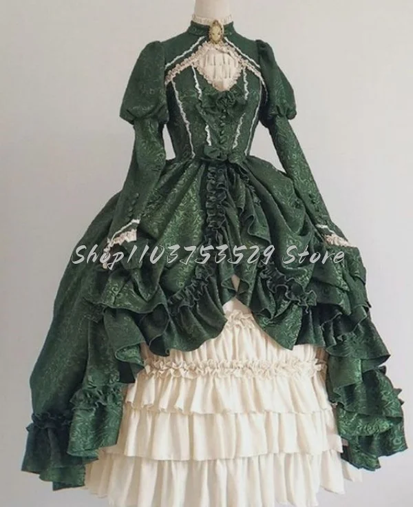 Exquisite Dark Green Victorian Ball Gowns Elegant Long Sleeve Cascading Pleated Corset Style Masquerade Dresses Customised