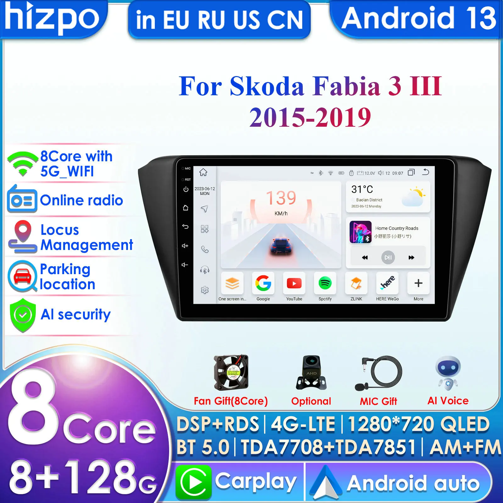 Hizpo 4G 9'' AI Intelligent Systems Wireless CarPlay Android Auto Radio for Skoda Fabia 3 III 2015-2019 Car Multimedia GPS 2din