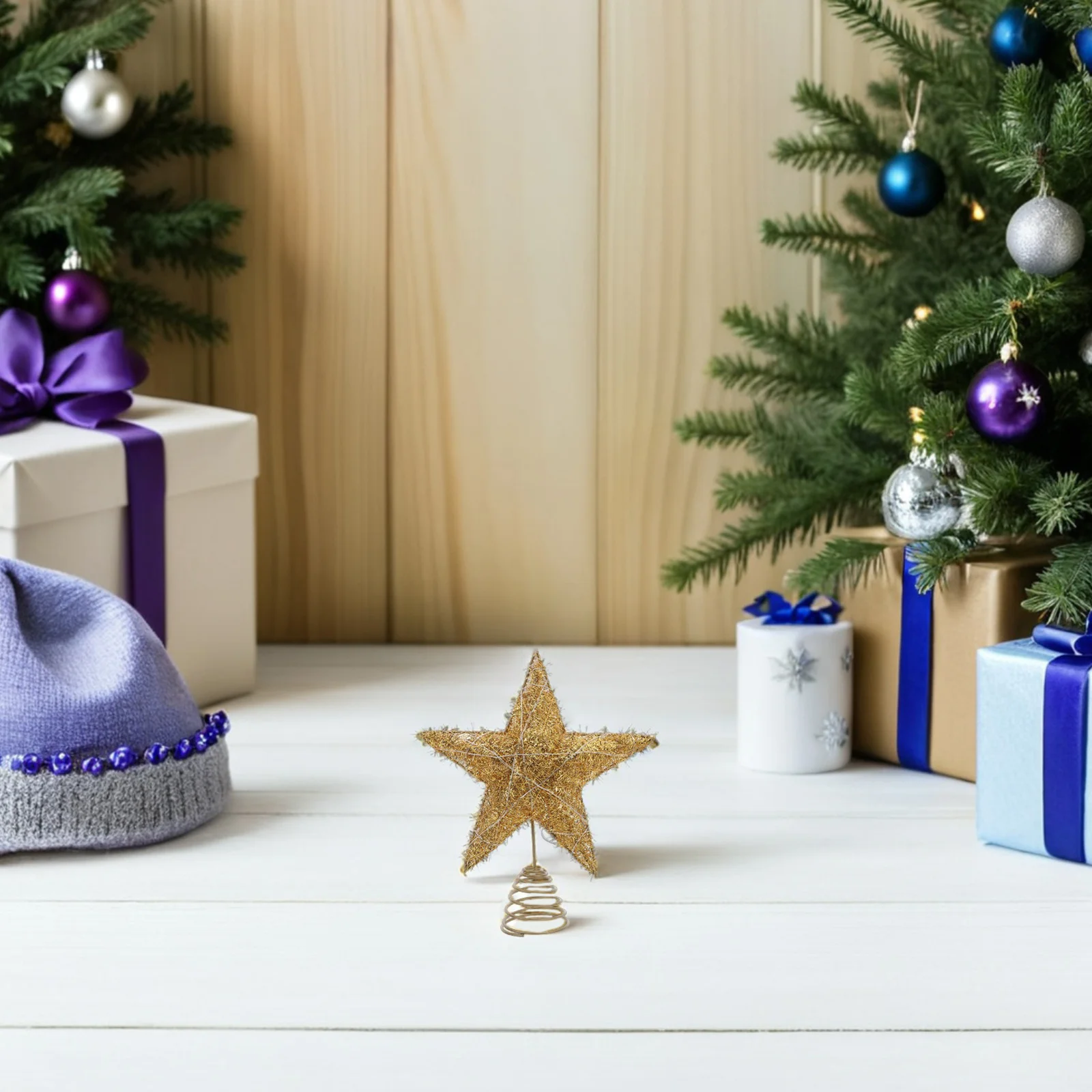 

Christmas Tree Star Topper Golden 20 Warm LED Lights Spring Base Holiday Party Decoration Glitter Star Tree Finial