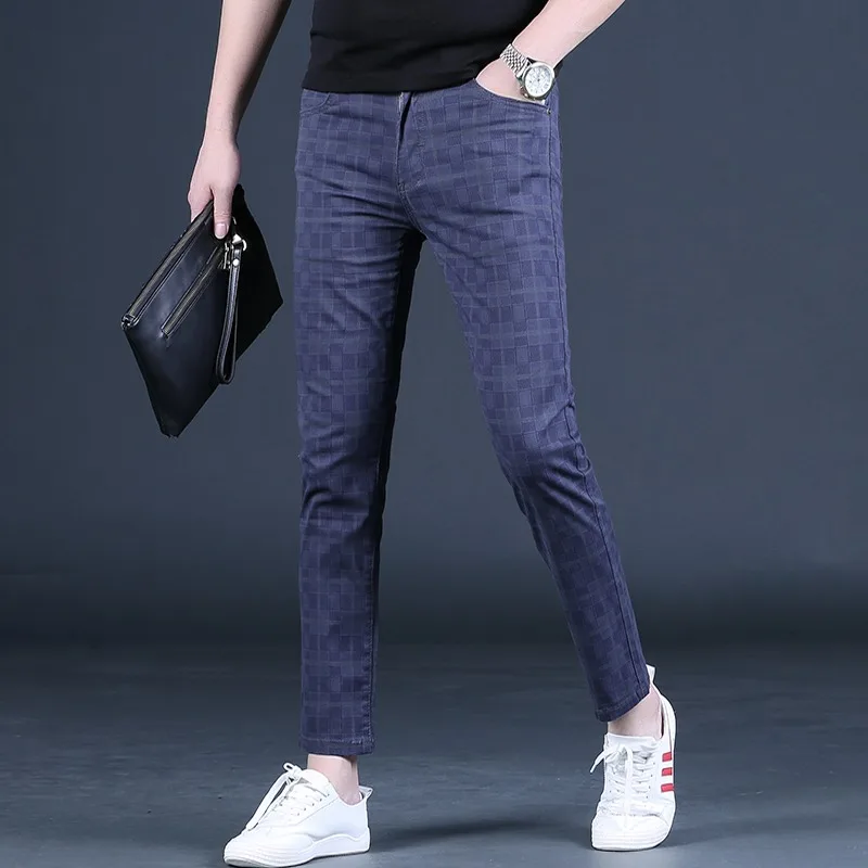 

Summer Plaid Pants Men Fashion Korean Style Gray Blue Slim Fit Ankle-Length Trousers