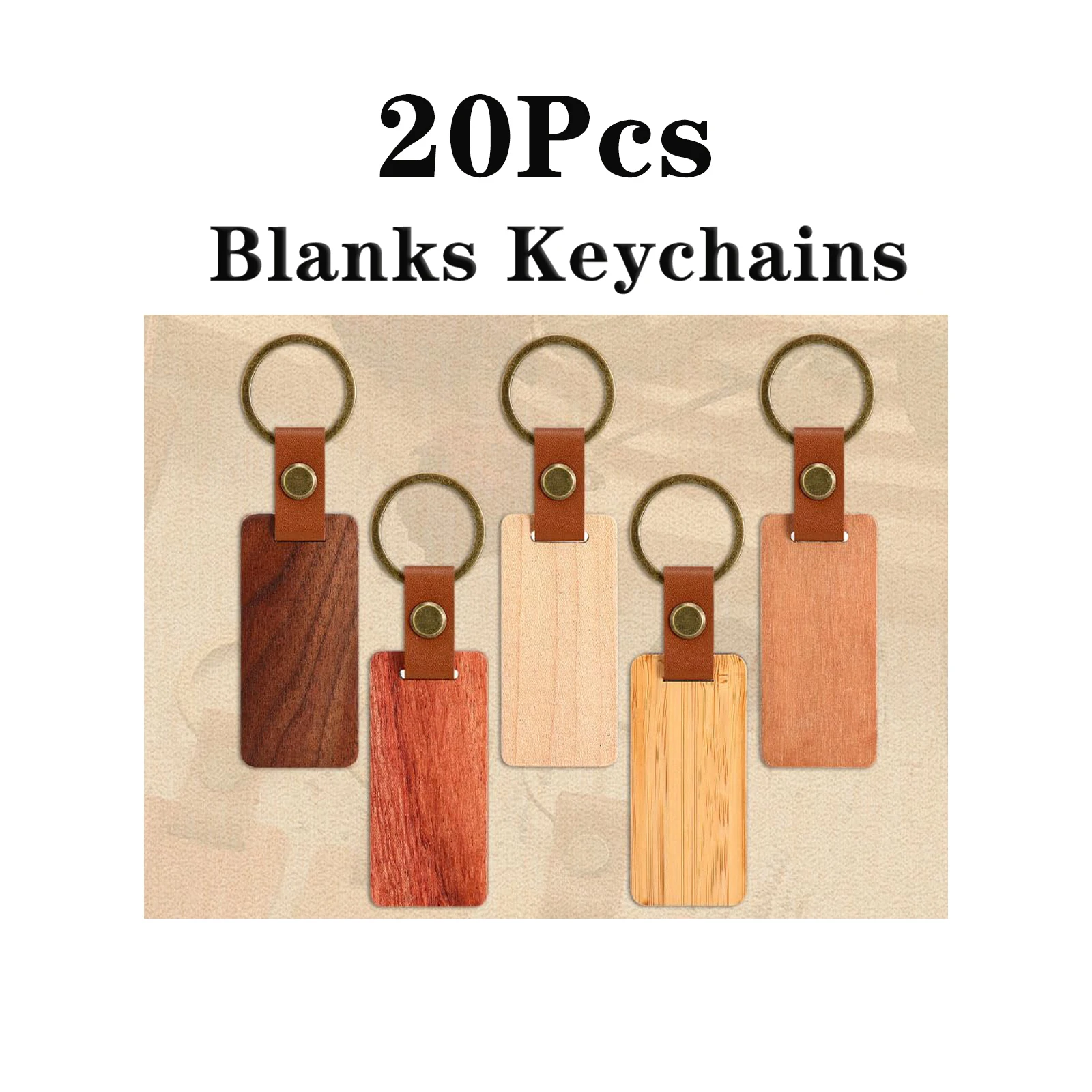 10-100Pcs Blanks Wooden Keychain 5 Colors Rectangle Wood Key Chain with Leather Strap Unfinished Keyrings Gifts for Dad image 3