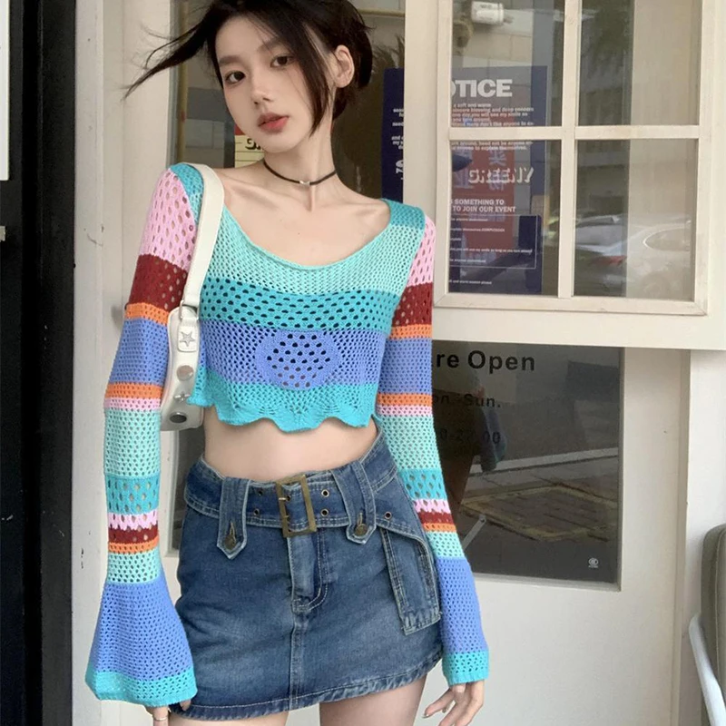 GIDYQ Y2k Sexy Crop Knitted Top Women Rainbow Striped Hollow Out Flare Long Sleeve Knitwear Vintage Fashion Slim Streetwear Top