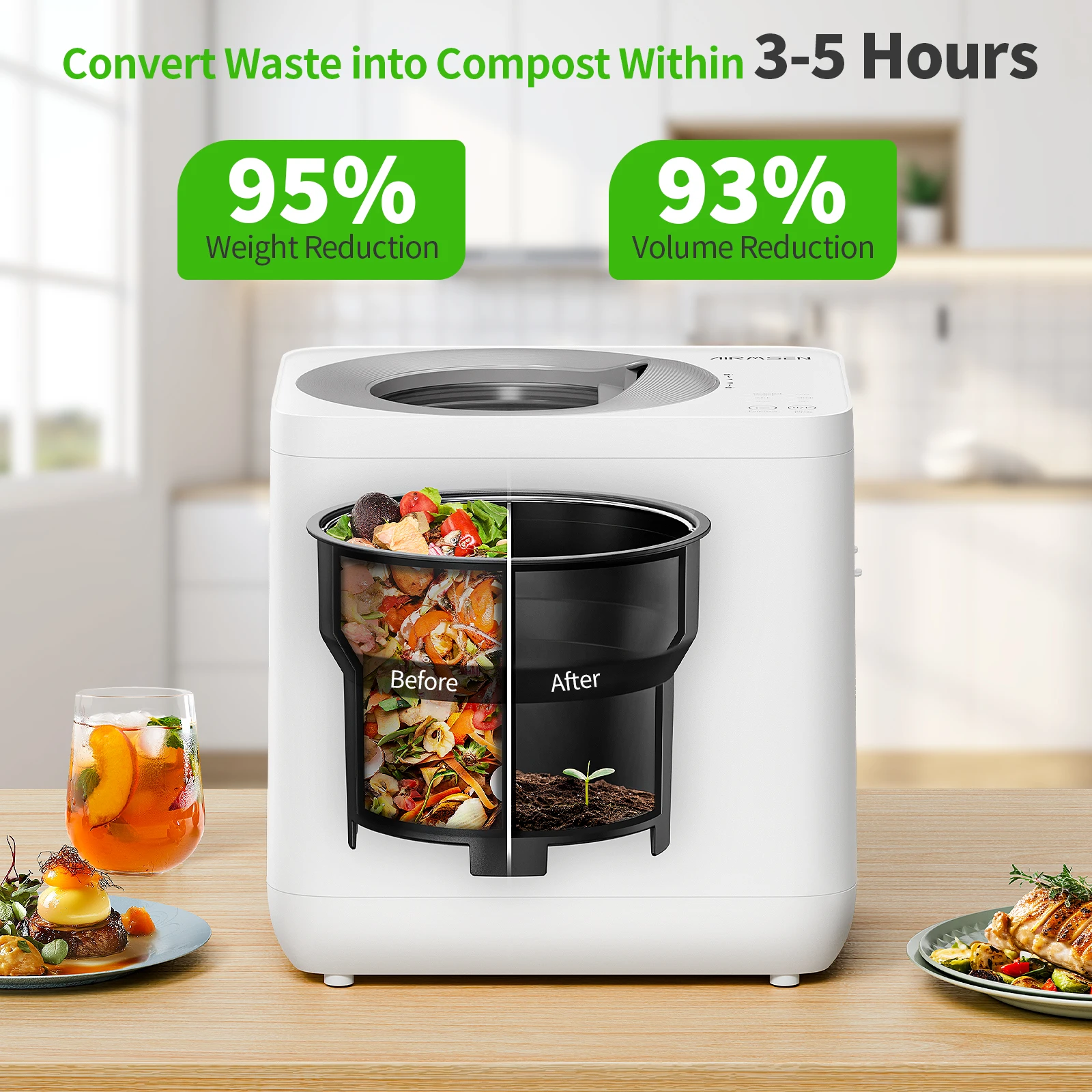 AIRMSEN Kitchen Compost Bin, 4L Odor-Free Indoor Food Waste Composter, 3-5 Hours Fast Composting, Smart Sensor & Stronger Blades