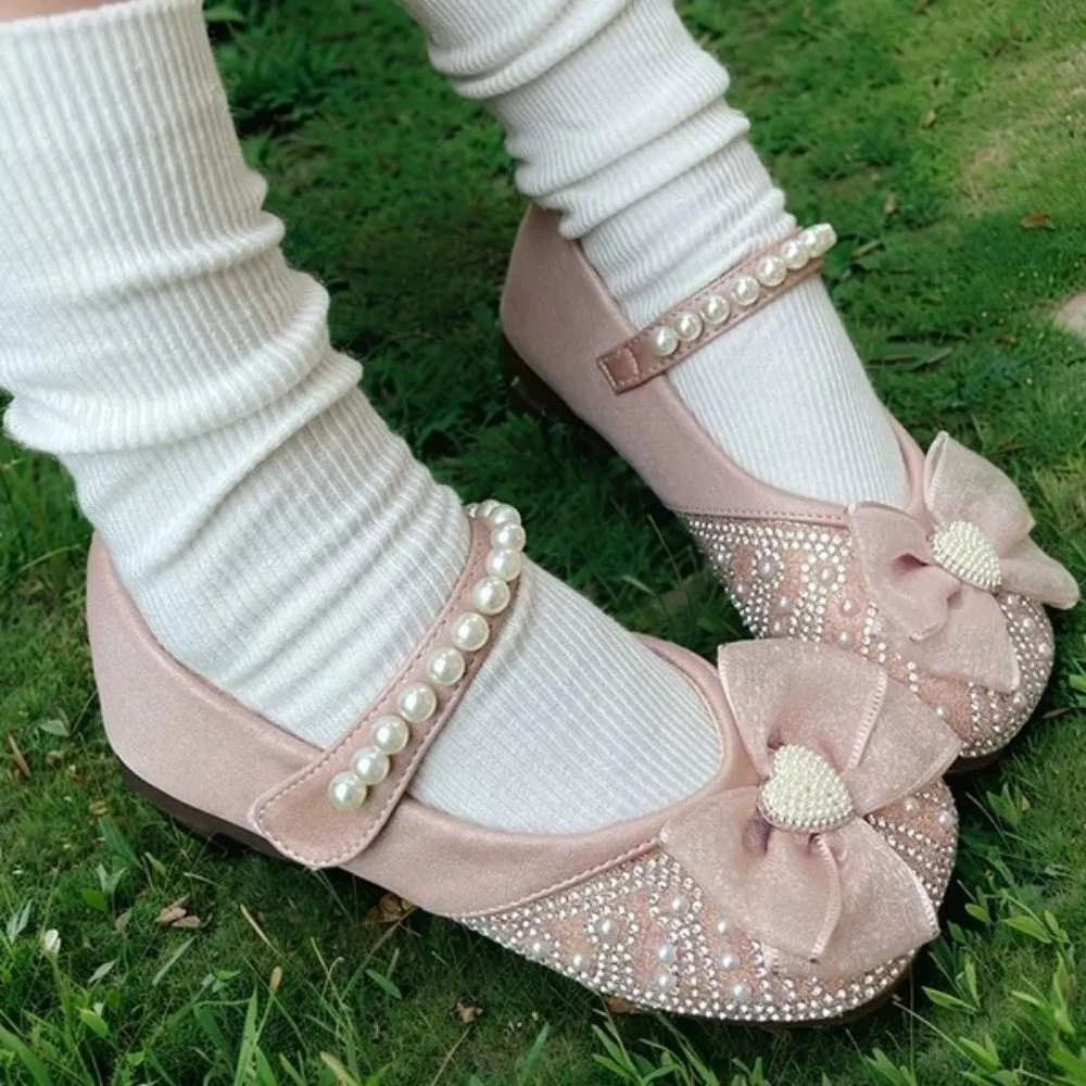 Zapatos de cuero con perlas a la moda para niños, zapatos de princesa de suela blanda con lazo de malla, zapatos ligeros sin cordones estilo Mary Jane para fiesta