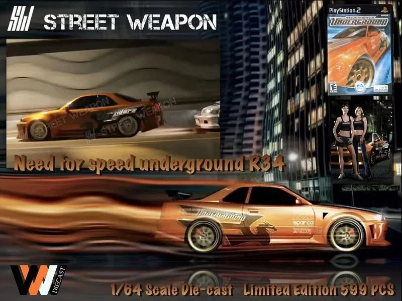 

Street Weapon x WWD 1:64 Need for Speed Underground R34 limited599 Diecast Model Car