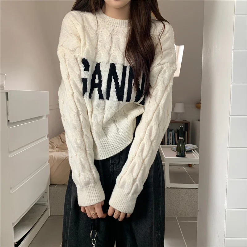 

Korean New Fried Dough Letter Long Sleeve Pullover Knits 2023 Spring Autumn Winter Short Sweaters Wear Women Inside