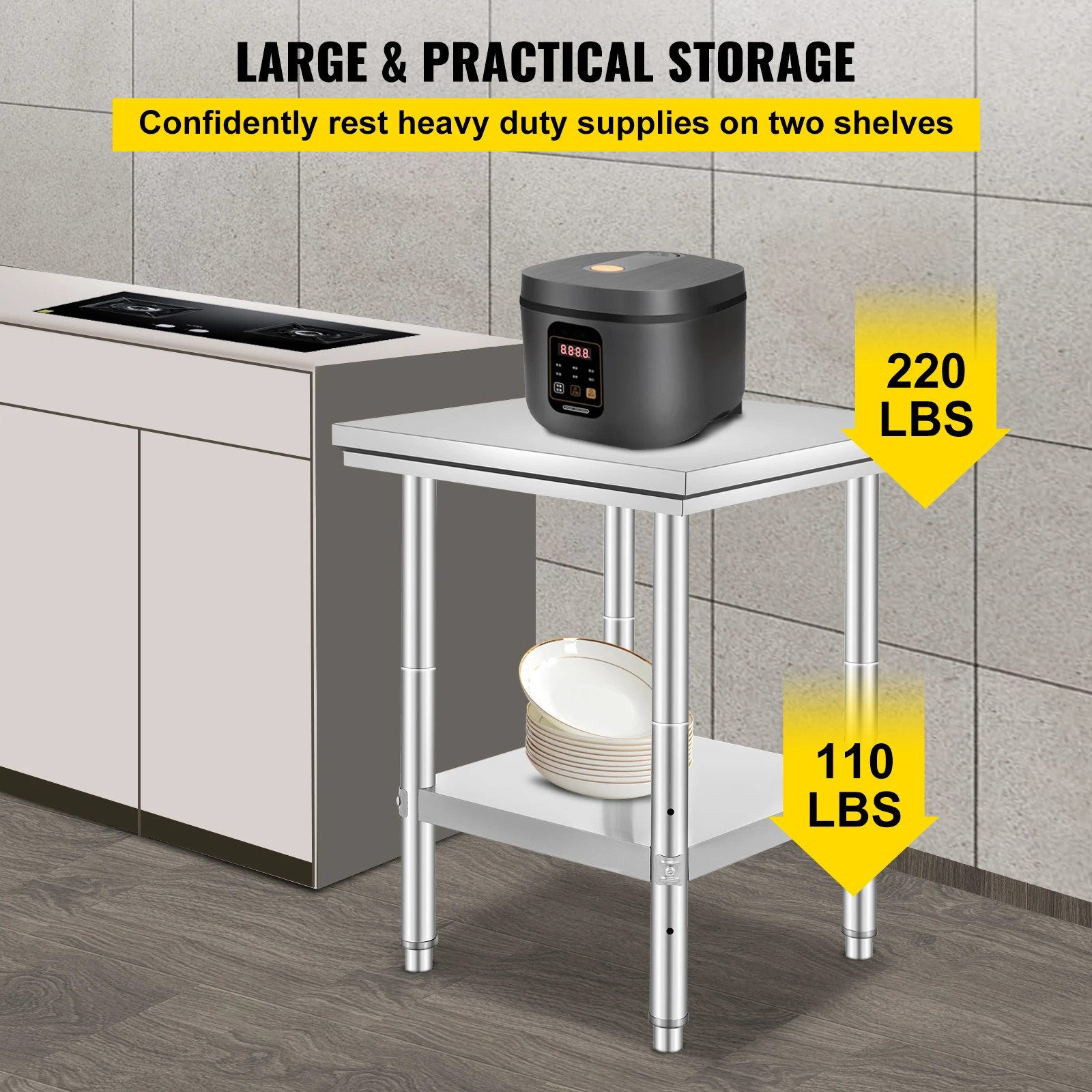 Stół ze stali nierdzewnej SucceBuy do przygotowywania i pracy, metalowy stół do kuchni komercyjnej, wytrzymały stół z regulowaną dolną półką i podpórkami.
