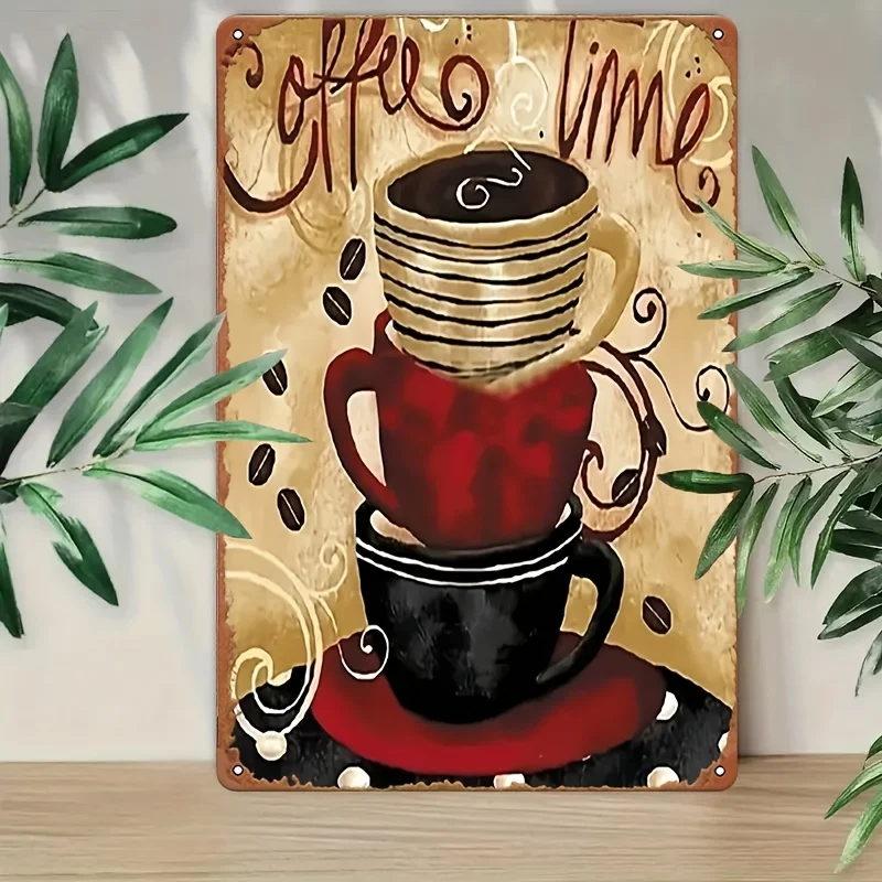 12X8 Coffee Time Metall-Wandkunst-Schild – Vintage-Schild, dekorativ mit handbemaltem Kaffeetassen-Design für Männerhöhlen